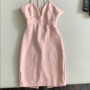 Pink mini lace back and zipper back dress.